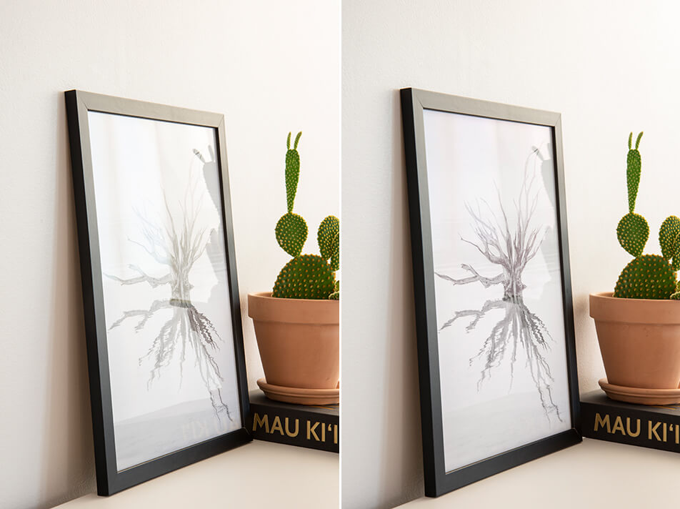 Two black picture frames with different types of glass – float glass and anti-reflection glass
